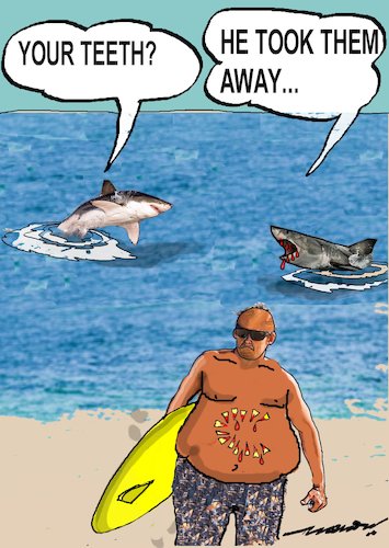Cartoon: a lesson for sharks (medium) by kar2nist tagged shark,surfer,attacks,sea