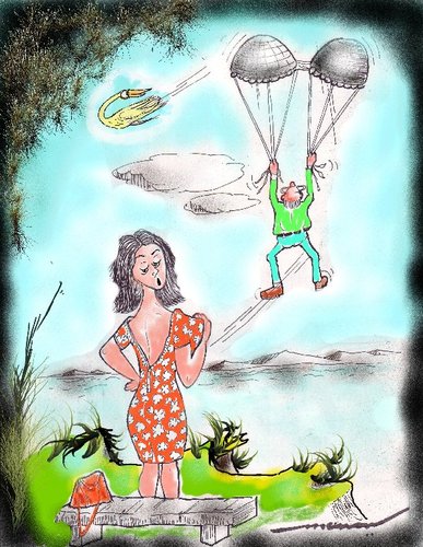 Cartoon: Bravo Man (medium) by kar2nist tagged woman,man,flyaway,bra,bravo,parachute