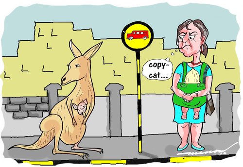 Cartoon: Copy cat (medium) by kar2nist tagged animals,humans,kangaroo,bustop,baby,breastpouch