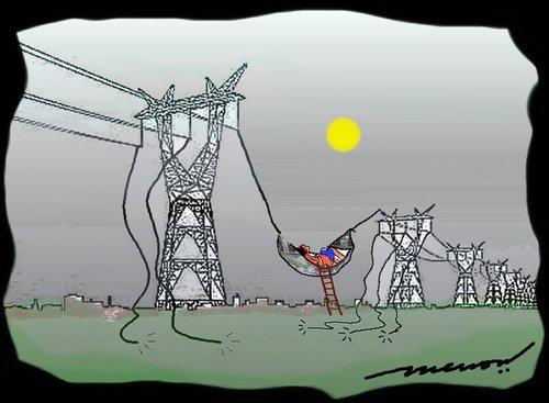 Cartoon: good night folks (medium) by kar2nist tagged sleep,transmissionlines,electricity,hammock