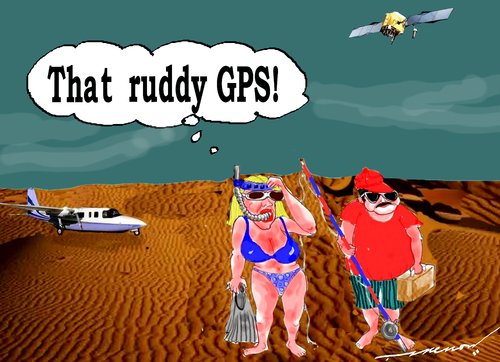 Cartoon: GPS Woes (medium) by kar2nist tagged gps,tourists,deserts,swimming,fishing