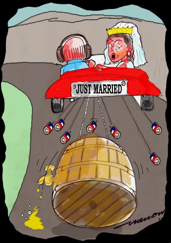 Cartoon: Just married (medium) by kar2nist tagged marrige,beer,baron,tin,cans,barrels