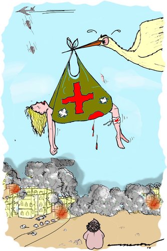 Cartoon: stork in war zone (medium) by kar2nist tagged stork,baby,warzone,infants,war,victims