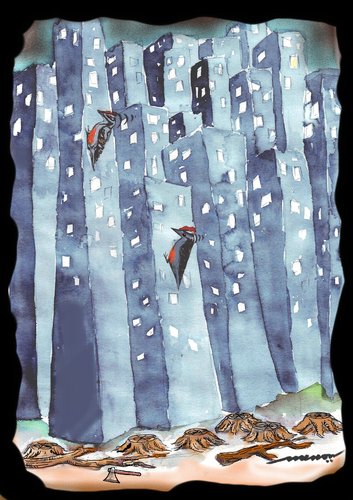 Cartoon: Woodless peckers (medium) by kar2nist tagged tree,forests,jungles,pecker,wood,cutting