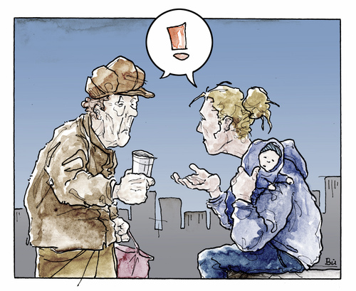 Cartoon: 2 Generationen - 1 Anliegen (medium) by Bülow tagged betteln,geld,armut,betteln,geld,armut,arm,leben,überleben,arbeit,job,arbeitslos