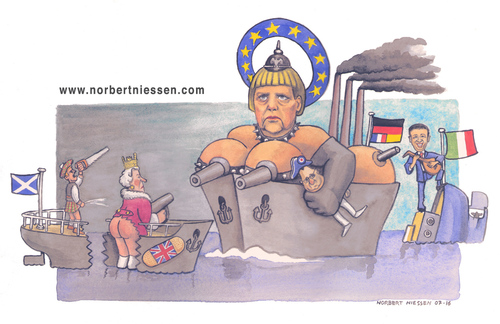 Cartoon: Brexit (medium) by Niessen tagged merkel,königin,schottisch,italienisch,renzi,krieg,europa,fahnen,kanonen