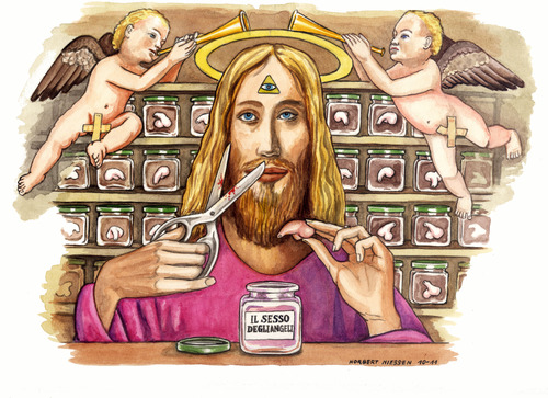Cartoon: Il sesso degli angeli (medium) by Niessen tagged jesus,angel,christ,sissors,pain,engel,schere,glaube,qual,schmerz