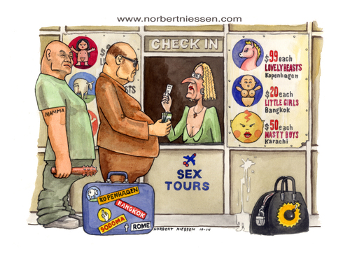 Cartoon: Sex tours (medium) by Niessen tagged beast,girl,boy,animal,departure,ticket,bomb,travel,tourism,checkin,bag