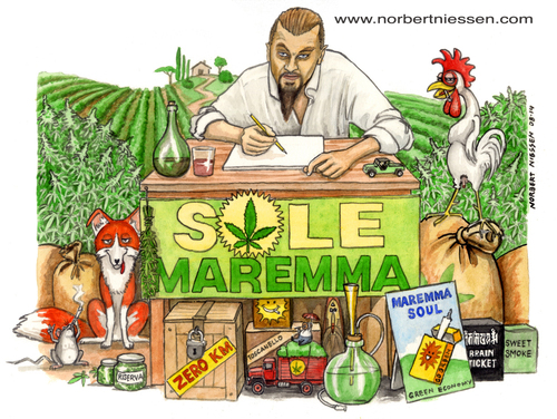 Cartoon: Sole Maremma (medium) by Niessen tagged marihuana,cannabis,fox,selfportrait,sun,grass,cock,campaign,green