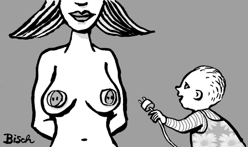 Cartoon: andocken (medium) by BiSch tagged stillen,breastfeeding,nursing,mama,mutter,mother,muttertag,baby,kleinkind,stillen,muttertag,mutter,eltern,familie,kinder,steckdose