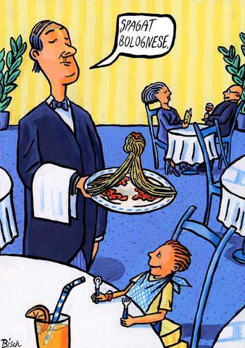Cartoon: Spagat Bolognese (medium) by BiSch tagged spaghetti,spaghetti,gastronomie,restaurant,nudeln,kellner,kinder,kind,traum,essen,spagat,sport