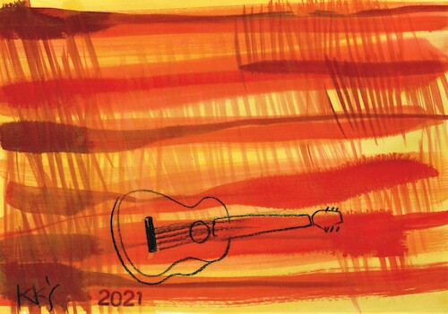 Cartoon: A six-string guitar sounds (medium) by Kestutis tagged string,guitar,kestutis,lithuania,dada,aqua,music