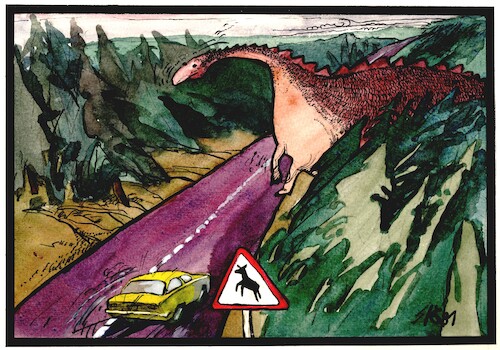 Cartoon: Accident on the road (medium) by Kestutis tagged road,accident,animal,dinosaur,kestutis,lithuania