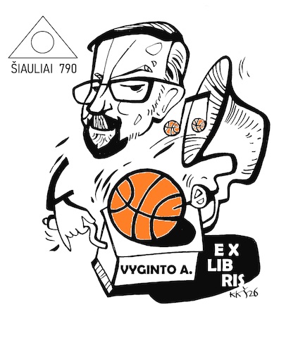 Cartoon: Bookplate for Vygintas (medium) by Kestutis tagged bookplates,fan,music,basketball,book,kestutis,lithuania,bibliophiles,newspaper,art,kunst