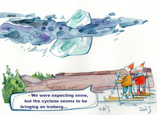 Cartoon: Changeable weather (medium) by Kestutis tagged weather,iceberg,cyclone,kestutis,lithuania,skiers,winter,sport,snow,climate,change,greenland,antarctica