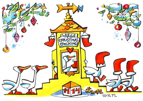 Cartoon: Geese pace up to Santa Claus (medium) by Kestutis tagged geese,santa,claus,winter,christmas,weihnachten,stockings,kestutis,lithuania,adventure
