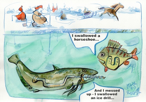 Cartoon: Lake bass and catfish problems (medium) by Kestutis tagged lake,bass,cartfish,drill,ice,winter,kestutis,lithuania,problem