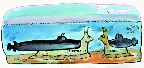 Cartoon: Meeting in the ocean (medium) by Kestutis tagged meeting,ocean,submarine,kestutis,lithuania,snail,usa,france,australia
