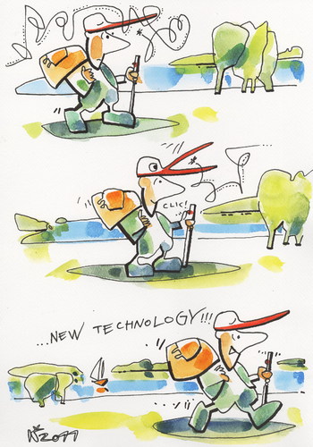 Cartoon: NEW TECHNOLOGY (medium) by Kestutis tagged summer,comic,strip,technology,new,bird,man,happy,kestutis,lithuania