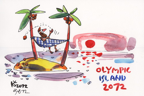 Cartoon: OLYMPIC ISLAND. Volleyball (medium) by Kestutis tagged volleyball,lithuania,kestutis,sun,palm,ocean,sport,summer,2012,london,olympics,siaulytis,island,desert