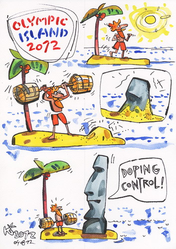 Cartoon: OLYMPIC ISLAND. Weightlifting (medium) by Kestutis tagged control,doping,easter,ocean,siaulytis,kestutis,lithuania,palm,island,desert,sport,olympics,olympic,summer,comics,athletics,comic,strip,2012,london,weightlifting,sculpture