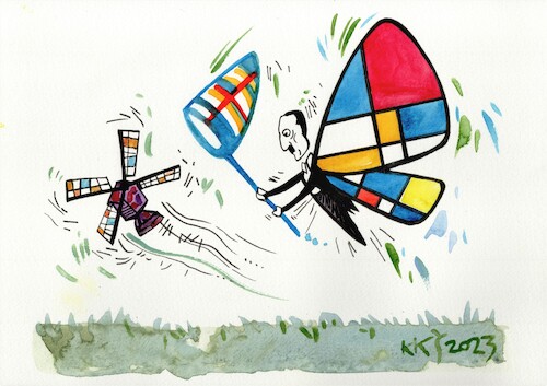 Cartoon: Piet Mondrian on the hunt (medium) by Kestutis tagged mondrian,kestutis,lithuania,mill,painter,butterfly,abstractionism,art,kunst