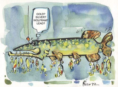 Cartoon: PIKE HOBBY (medium) by Kestutis tagged fishhook,angling,lure,baits,lead,silver,gold,adventure,pike,hooby,collection