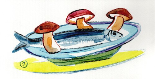 Cartoon: Recipe. Herring with boletus (medium) by Kestutis tagged recipe,herring,kestutis,lithuania,mushroom,fish,dinner