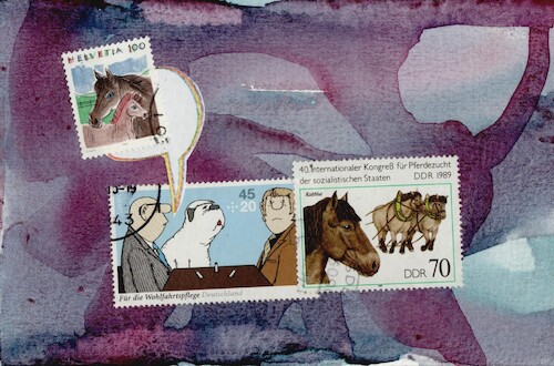 Cartoon: Conversation about life (medium) by Kestutis tagged stamp,stories,life,loriot,dada,horse,pferd,postcard,art,kunst,kestutis,lithuania