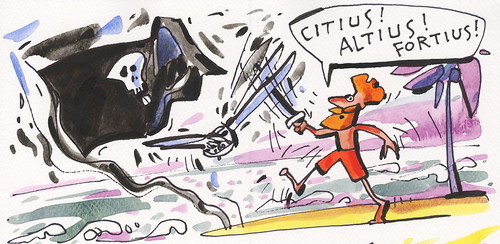 Cartoon: OLYMPIC ISLAND. Fencing (medium) by Kestutis tagged sword,skull,flag,fight,anchor,lithuania,siaulytis,kestutis,hope,fortius,citius,altius,sport,desert,summer,2012,london,island,olympic,pirate,strip,comic,comics,fencing,smoke