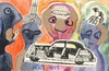 Cartoon: Future people in the museum (small) by Kestutis tagged dada,postcard,technique,kestutis,lithuania,art,kunst,museum,nature,future,people,auto,mercedes