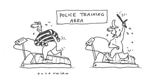 Cartoon: crime and stuff (medium) by ouzounian tagged crime,cops,robbers,treadmils,exersize,practice