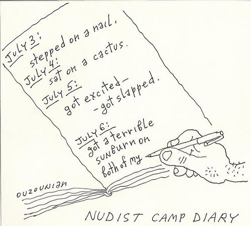 Cartoon: nudist camp diary (medium) by ouzounian tagged tourism,camp,nudism,diary,hapless
