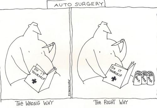 Cartoon: autosurgery (medium) by ouzounian tagged doctors,medical,surgery,diy,beer,operation
