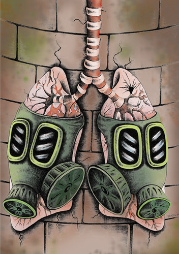 Cartoon: Lung and masks (medium) by dragas tagged dragas,pancevo,serbia,nature,ecological,destruction