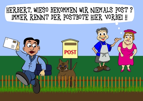 Cartoon: Briefträger (medium) by RiwiToons tagged zaun,postkarte,brief,briefkasten,bulldogge,kampfhund,hund,postbote,briefträger