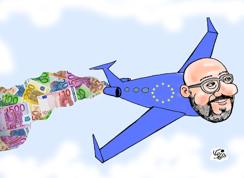 Cartoon: EU PRESIDENT (medium) by Vejo tagged charles,michel,eu,president,excessive,travel,expenses,money