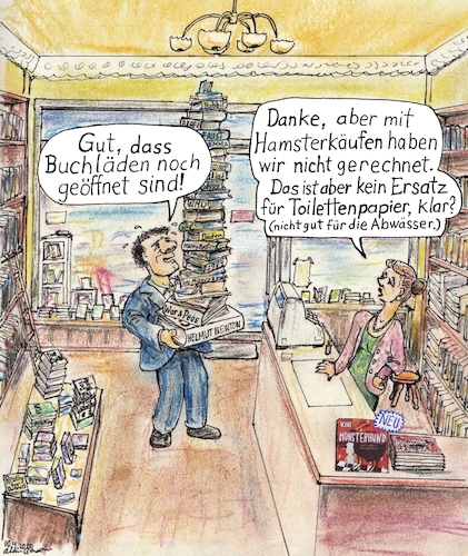Cartoon: Bücher_Hamstern (medium) by Alan tagged buchladen,hamsterkäufe,klopapier,toilettenpapier,bücher,kivi,monsterhund,buch,corona,newton,verkäuferin,käufer