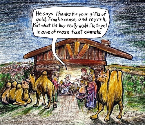 Cartoon: Christmas Wish (medium) by Alan tagged frankincense,kamel,bethlehem,fast,jesus,kings,three,camel,wish,christmas,krippe,weihnachten,myrrh,nativity