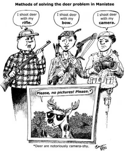 Cartoon: Deer Problem (medium) by Alan tagged michigan,manistee,shoot,schießen,kamera,shy,gewehr,rifle,camera,bow,jäger,hunters,jagd,hunting,rehe,deer