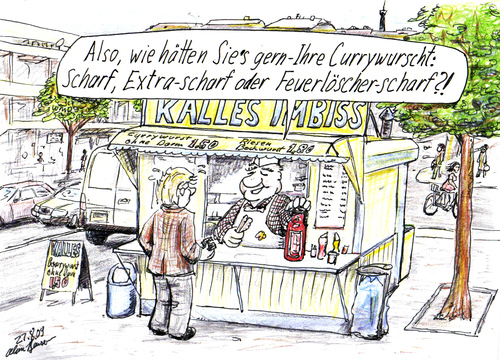 Cartoon: Feuerlöscher-scharfe Currywurst (medium) by Alan tagged currywurst,scharf,extraschaft,feuerlöscher,imbiss,hot,sausage,fire,extinguisher