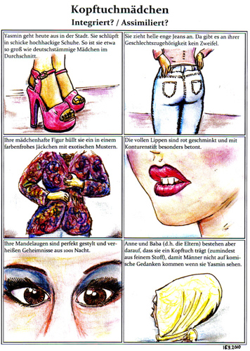 Cartoon: Kopftuchmädchen (medium) by Alan tagged kopftuchmädchen,yasmin,integration,assimilierung,sarrazin,kopftuch,mädchen,mandelaugen,augen,eyes,makeup,schuhe,lippen,jeans,baba,anne,fashion,mode,tradition,islam