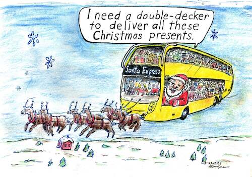 Cartoon: Santa bus driver (medium) by Alan tagged santa,bvg,bus,reindeer,christmas,toys,presents,doubledecker