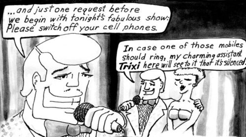 Cartoon: Turn off your cell phones please (medium) by Alan tagged nightclub,showtime,handy,mobile,cell,phone,off,gun,trixi,host