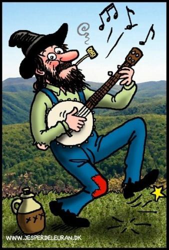 Cartoon: Dancing hillbilly playing banjo (medium) by deleuran tagged hillbilly,old,time,country,music,banjo,whiskey,jug,corn,pibe