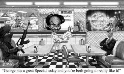 Cartoon: Georges Diner (medium) by spot_on_george tagged george,bush,ehud,olmert,condoleeza,rice,caricature,satire