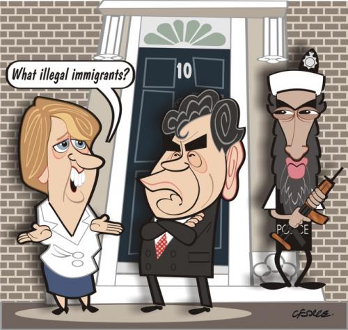 Cartoon: What Illegal Immigrant Crisis? (medium) by spot_on_george tagged gordon,brown,osama,bin,laden,imigration,satire,caricature