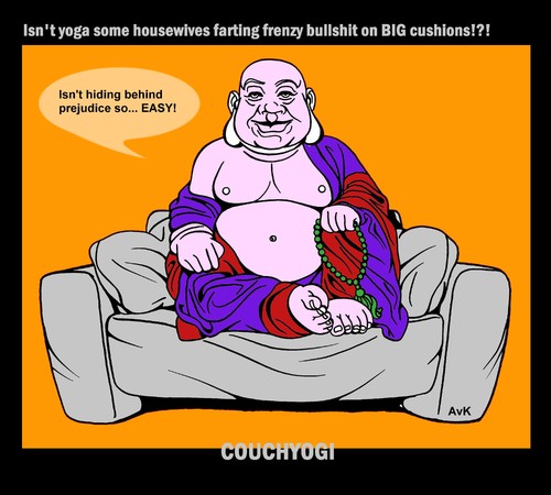 Cartoon: CouchYogi Farting Frenzy (medium) by MoArt Rotterdam tagged couchyogi,couchyoga,yoga,whatisyoga,fartingfrenzy,bullshit,bigcushion,housewife,hide,hidingbehind,prejudice,easy