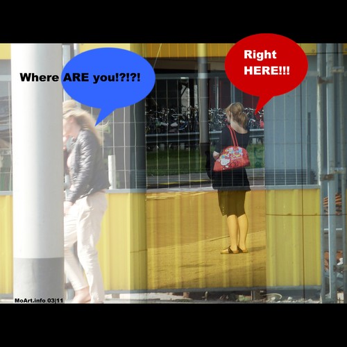 Cartoon: MH - Where ARE you!?! 2 (medium) by MoArt Rotterdam tagged wachten,waiting,zoeken,looking,women,righthere,ikstahier,waarzitje,whereareyou,moartcards,moart,rotterdam