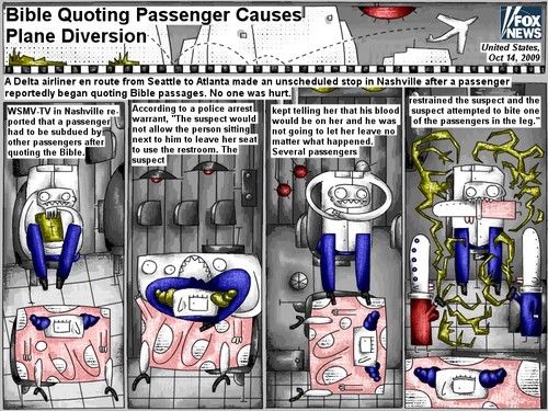 Cartoon: Bible quoting passenger (medium) by bob schroeder tagged comic,webcomic,airliner,seattle,atlanta,nashville,passenger,bible,pasages,police,arrest,warrant,suspect,restroom,blood